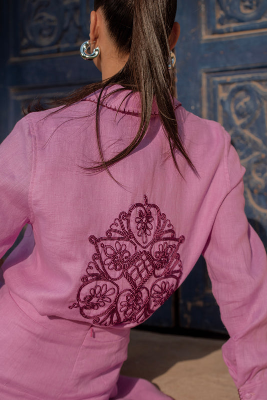 Cordoba Corded Embroidery Lavender Rose Linen Shirt