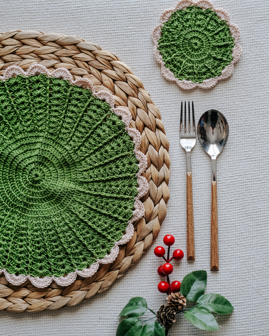 Set-Of-Two Festive Green Cotton Crochet Placemats