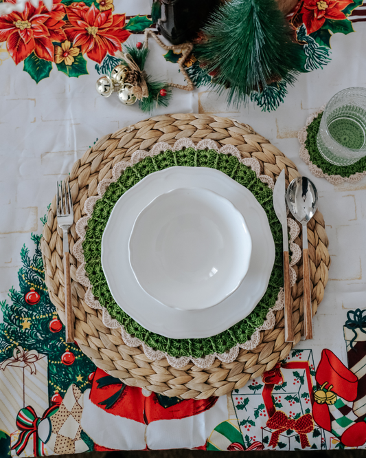 Set-Of-Two Festive Green Cotton Crochet Placemats