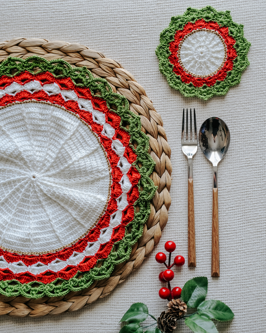 Set-Of-Two Handmade Festive Christmas Cotton Crochet Placemats