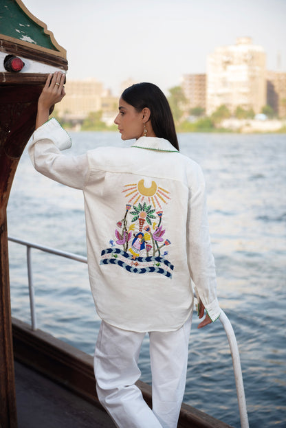 Baraka Embroidered Cream Linen Oversized Shirt