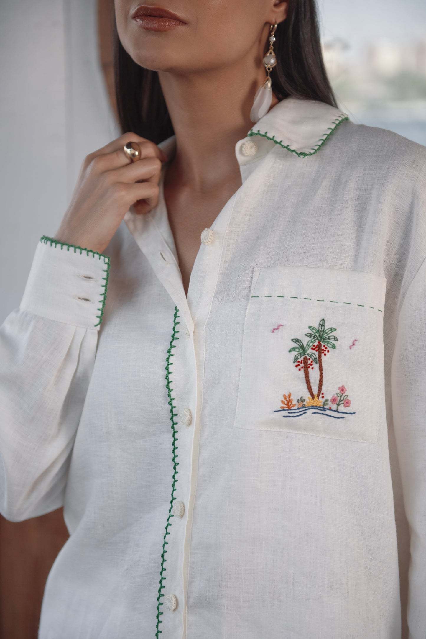 Baraka Embroidered Cream Linen Oversized Shirt