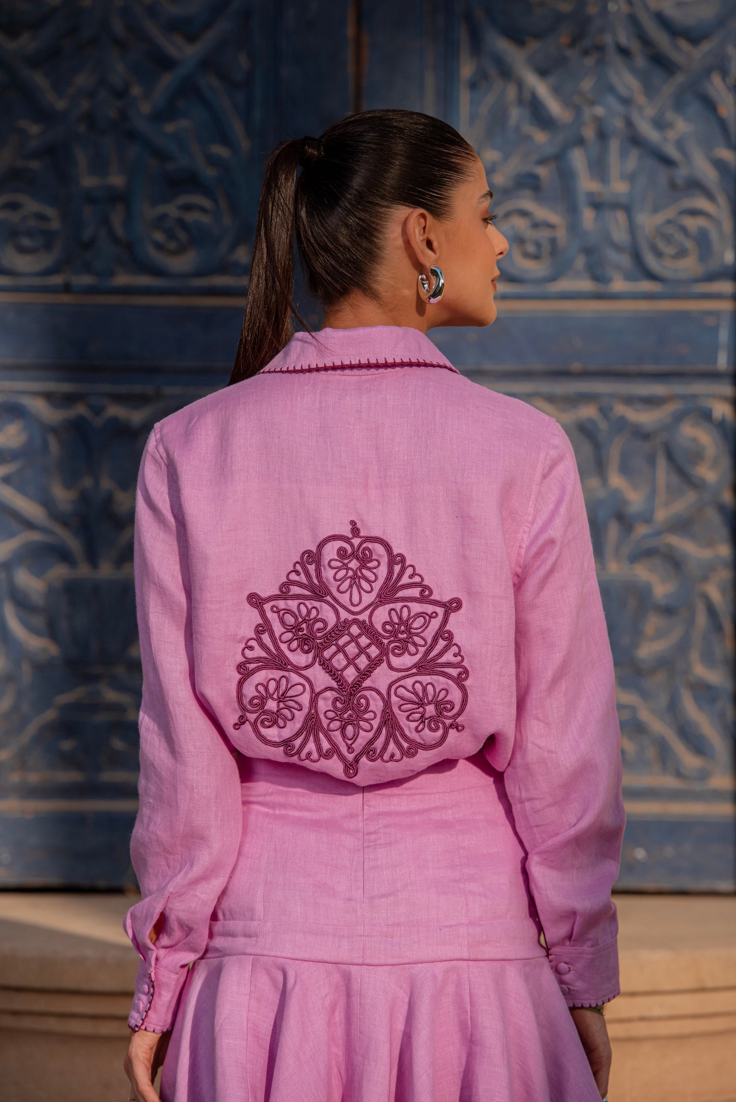 Cordoba Corded Embroidery Lavender Rose Linen Shirt