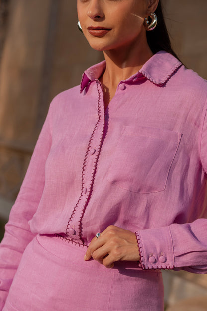 Cordoba Corded Embroidery Lavender Rose Linen Shirt